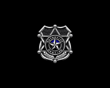 a police badge with a blue star and a rope around it on a black background .