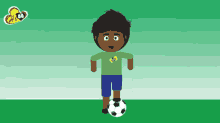 a boy in a green shirt is kicking a soccer ball on a green background