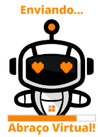 a black and white robot with orange hearts on its face and the words enviando and abraco virtual