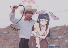 a man in a cowboy hat holds a whip next to a girl in bunny ears