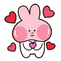 a pink bunny is surrounded by red hearts and has a pink heart in its mouth