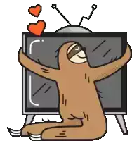 a cartoon of a sloth hugging a tv with hearts coming out of it