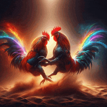 two colorful roosters are standing next to each other in the dirt