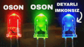three different colored leds with the words oson deyerli imkonsiz above them