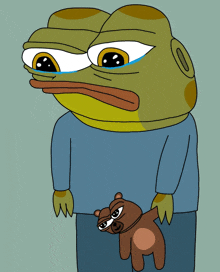 a cartoon of a frog holding a teddy bear and crying