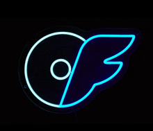 a neon sign with a blue wing and the letter f