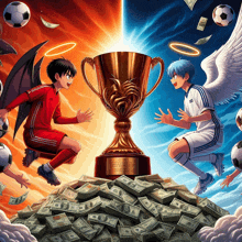 an illustration of a soccer game between angels and demons with a trophy on top of a pile of money