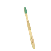 a bamboo toothbrush with a green bristle and the word brushiboo on the handle