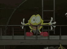 a yellow cartoon character is standing on a balcony with a ladder in the background .