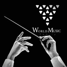 a black and white photo of a person holding a conductor 's baton with the words world music family below them