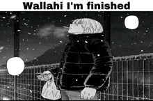 a black and white drawing of a man smoking a cigarette with the words " wallahi i 'm finished " above him