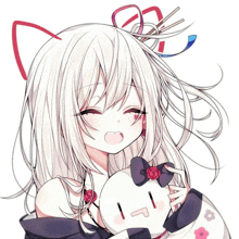 a girl with white hair and cat ears is holding a white stuffed animal