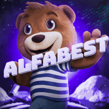 a teddy bear with the words alfabest written on it