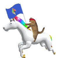 a cat is riding on the back of a unicorn with a kite on its horn