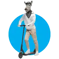 a man wearing a zebra mask rides a scooter