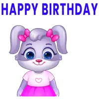 a cartoon rabbit is holding a bouquet of flowers with the words happy birthday behind her