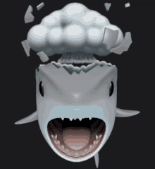 a shark with its mouth open and a cloud coming out of it 's head