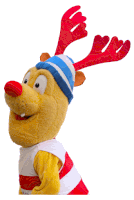 a stuffed reindeer wearing a blue and white hat and antlers