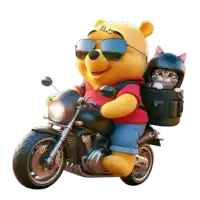 a winnie the pooh bear is riding a motorcycle with a cat in his backpack