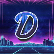 a purple and blue letter d in front of a cityscape