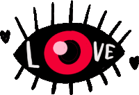 a black eye with a red circle in the middle and the word love written on it