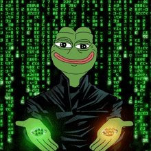 a cartoon of a frog with a matrix background behind it