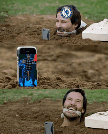 a man is buried in the dirt with a chelsea logo on his shirt