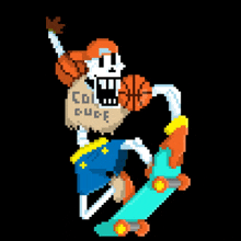 a pixel art of a skeleton holding a basketball and a bag that says cool puff