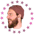 a man with a beard wearing a beanie is surrounded by stars