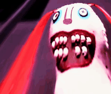 a close up of a cartoon character with red hair and a button on its eye