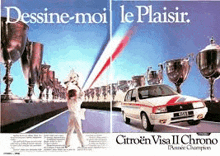 an advertisement for a citroen visa ii chrono shows a woman walking down a road surrounded by trophies .