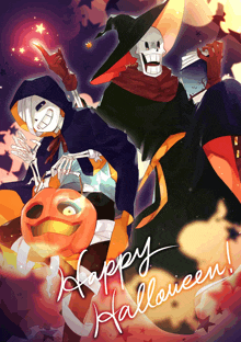 two skeletons holding a pumpkin and the words happy halloween written on the bottom