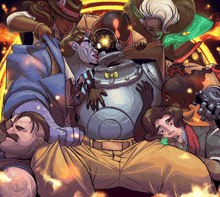 a cartoon drawing of a group of people including a robot with the letters vp-day written on it