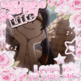 a picture of a girl with the words love is in the air surrounded by pink flowers
