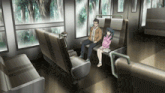 a man and a girl are sitting in a bus with trees in the background