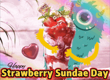 a happy strawberry sundae day greeting card with a monster