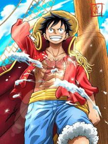 a drawing of luffy from one piece with the letters rt on the bottom right