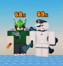 two roblox characters are standing next to each other with percentages of 68% and 69% above them