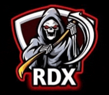 a grim reaper is holding a scythe in front of a shield that says rdx