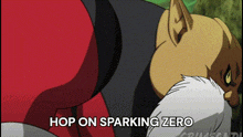 a cartoon character with the words hop on sparking zero below him