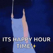 a cartoon of a fairy holding a wand and saying `` it 's happy hour time '' .