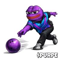 a purple frog is bowling a purple ball with the word purpe underneath