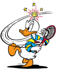 a cartoon of donald duck holding a tennis racquet