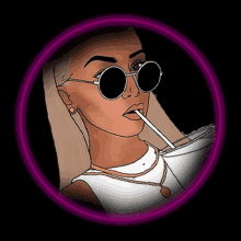 a cartoon of a woman wearing sunglasses and a necklace drinking through a straw