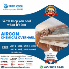 an advertisement for sure cool aircon chemical overhaul shows a person working on an air conditioner