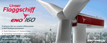 an advertisement for eno energy shows a wind turbine in the background