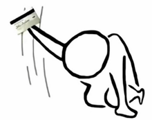 a stick figure is laying down with a credit card sticking out of his head .