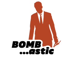 a silhouette of a man in a suit and tie with the words bomb astic written below him