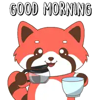 a cartoon of a red panda holding a cup of coffee and a coffee pot