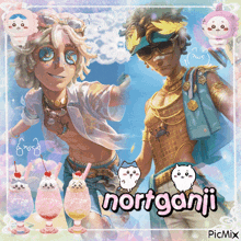 a picture of a man and a woman with nort ganji written on the bottom